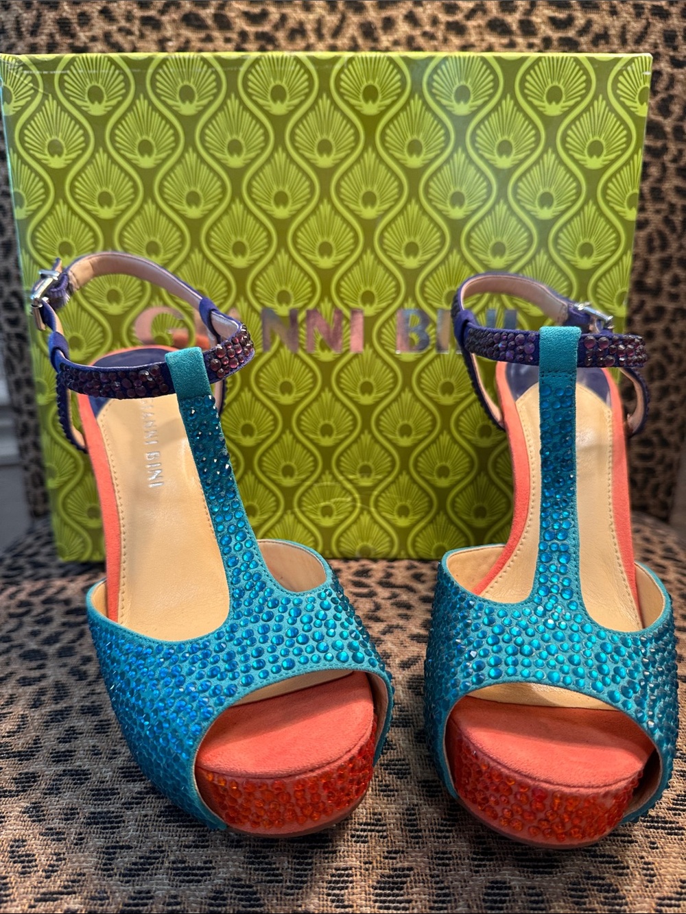 BRAND NEW IN BOX! Gianni Bini Blue Teal Coral Purple Crystal Platform Sandals.